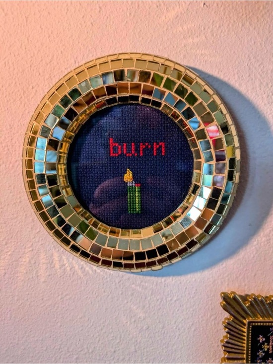 Handmade Other - Gold Mosaic Round Wall Hanging with Navy Cross-Stitch 'Burn'